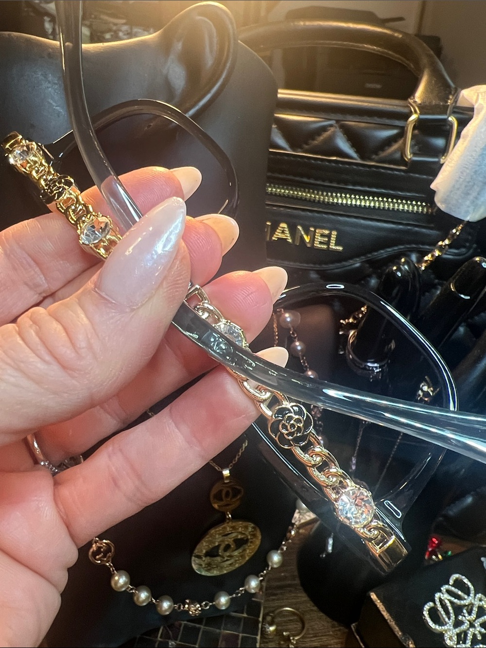 CHANEL Black and Gold Crystal-Embellished Eyewear Chain